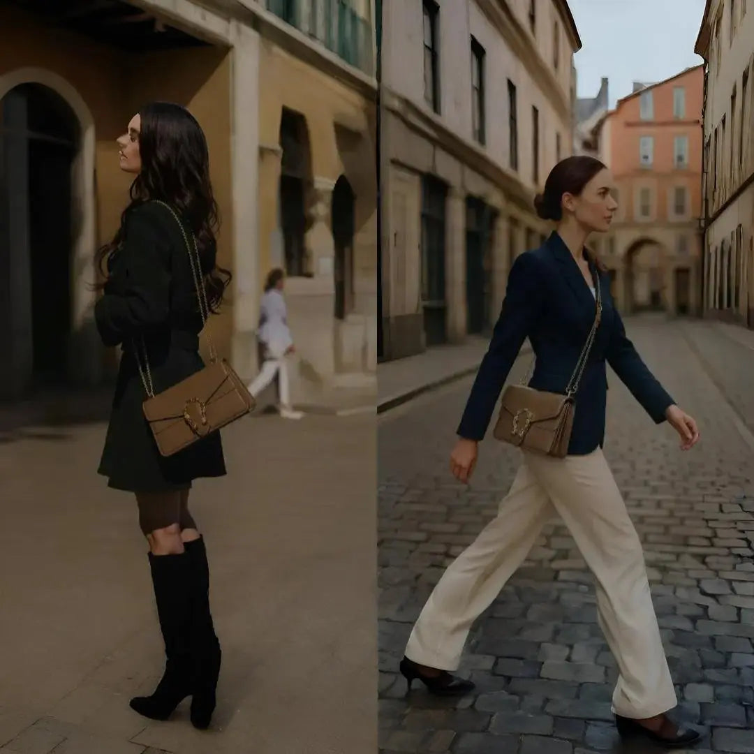 Side-by-side comparison of a woman walking on a street with a brown handbag.