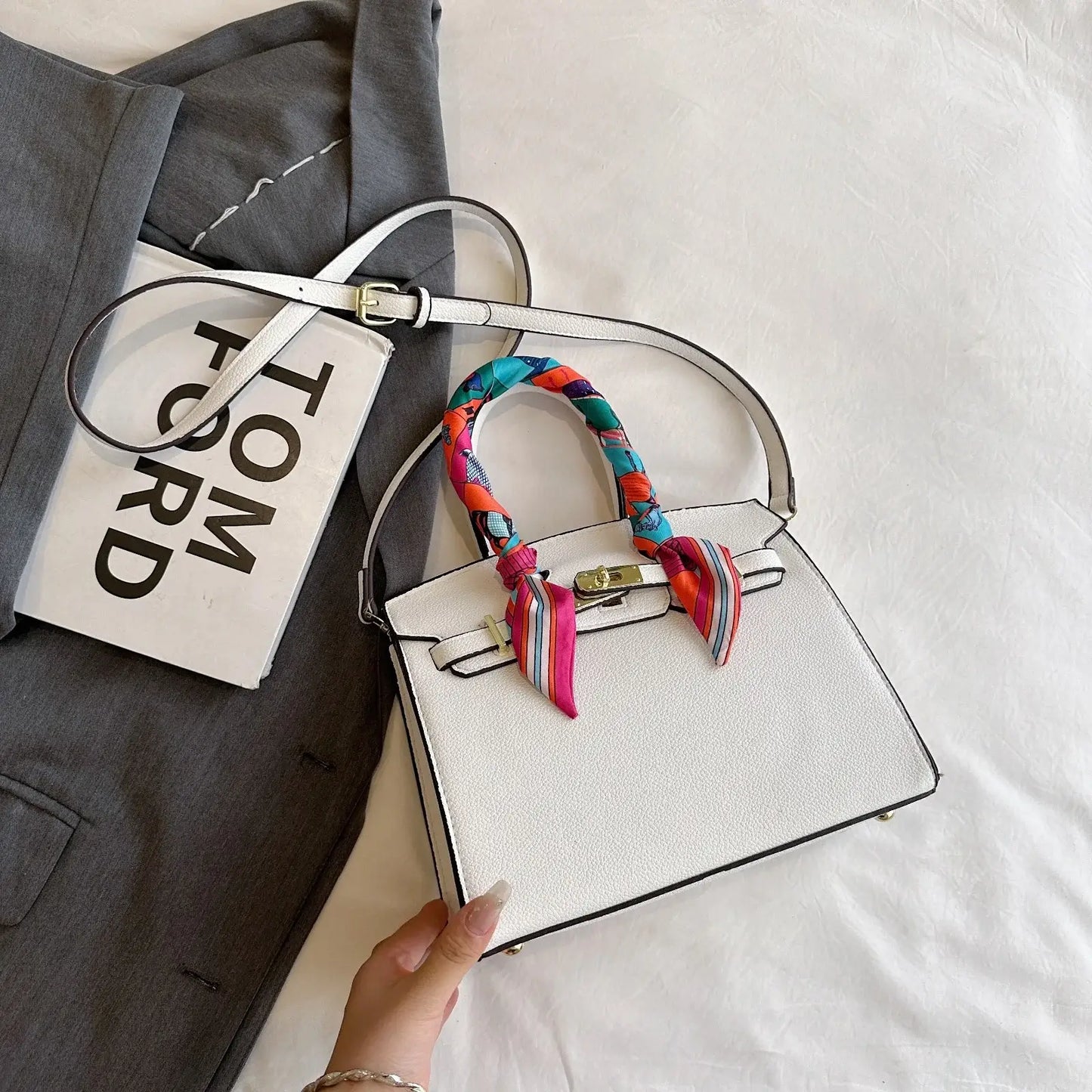 Women's Top Handle Bag Inspired By Hermes Birkin:  Structured Satchel with Scarf