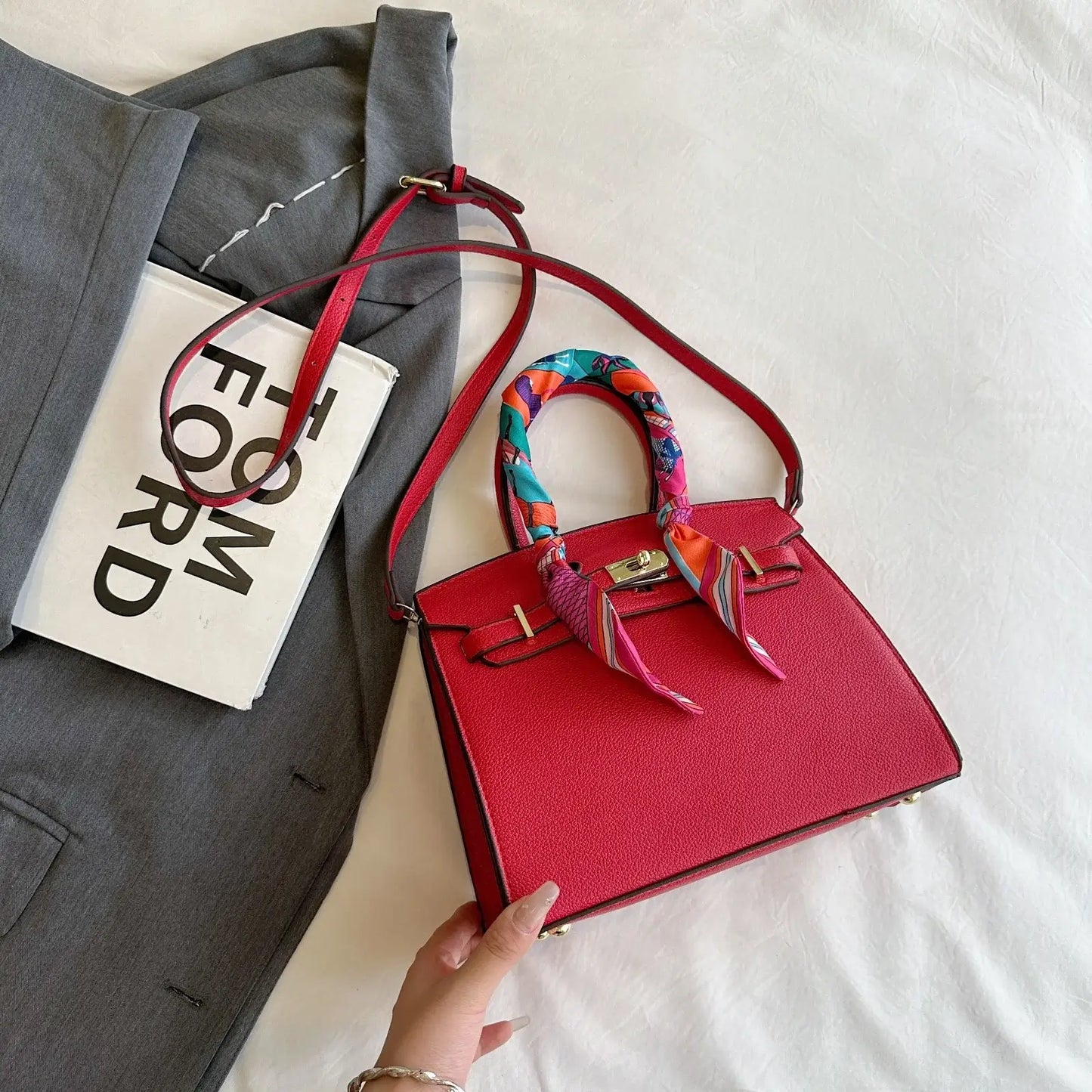 Women's Top Handle Bag Inspired By Hermes Birkin:  Structured Satchel with Scarf
