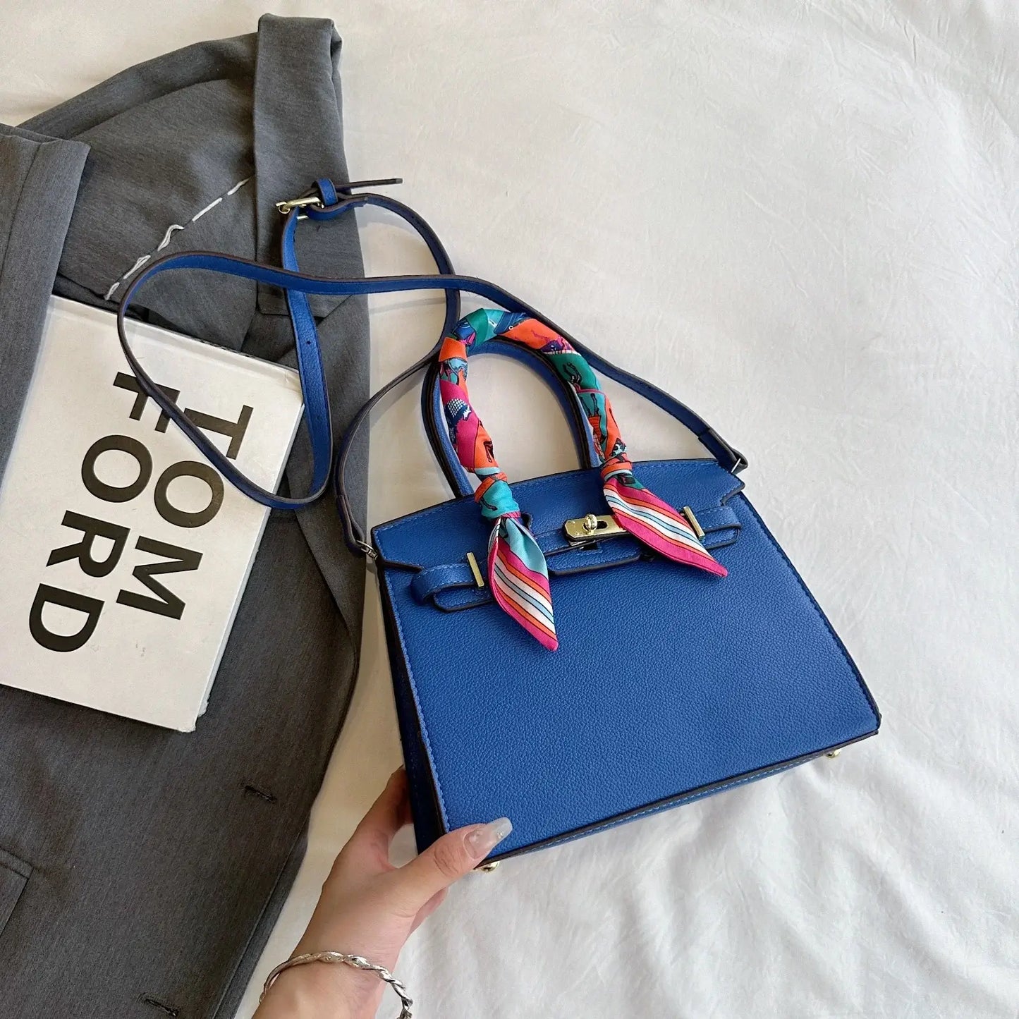 Women's Top Handle Bag Inspired By Hermes Birkin:  Structured Satchel with Scarf