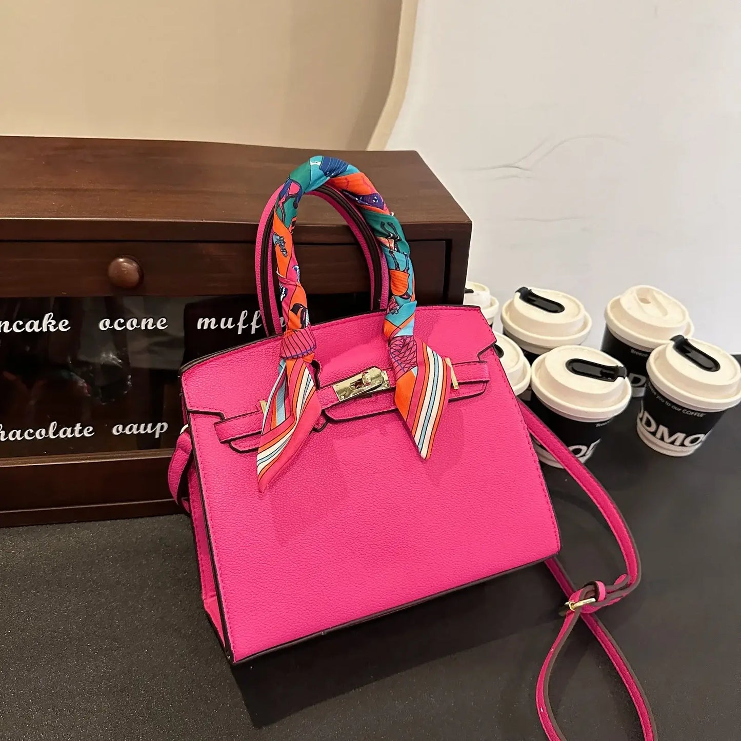 Women's Top Handle Bag Inspired By Hermes Birkin:  Structured Satchel with Scarf