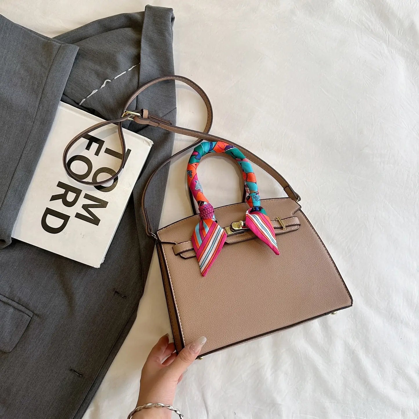 Women's Top Handle Bag Inspired By Hermes Birkin:  Structured Satchel with Scarf