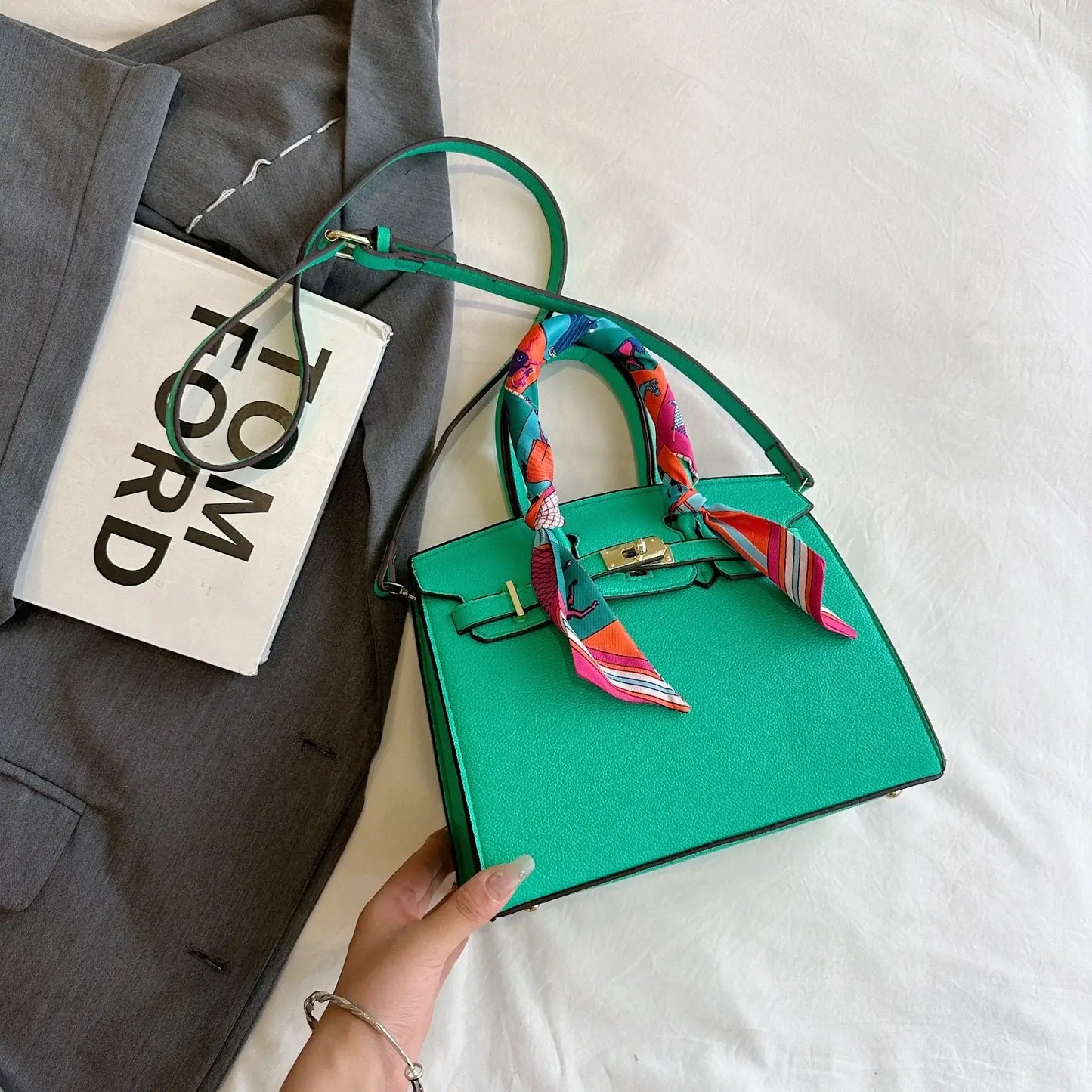 Women's Top Handle Bag Inspired By Hermes Birkin:  Structured Satchel with Scarf