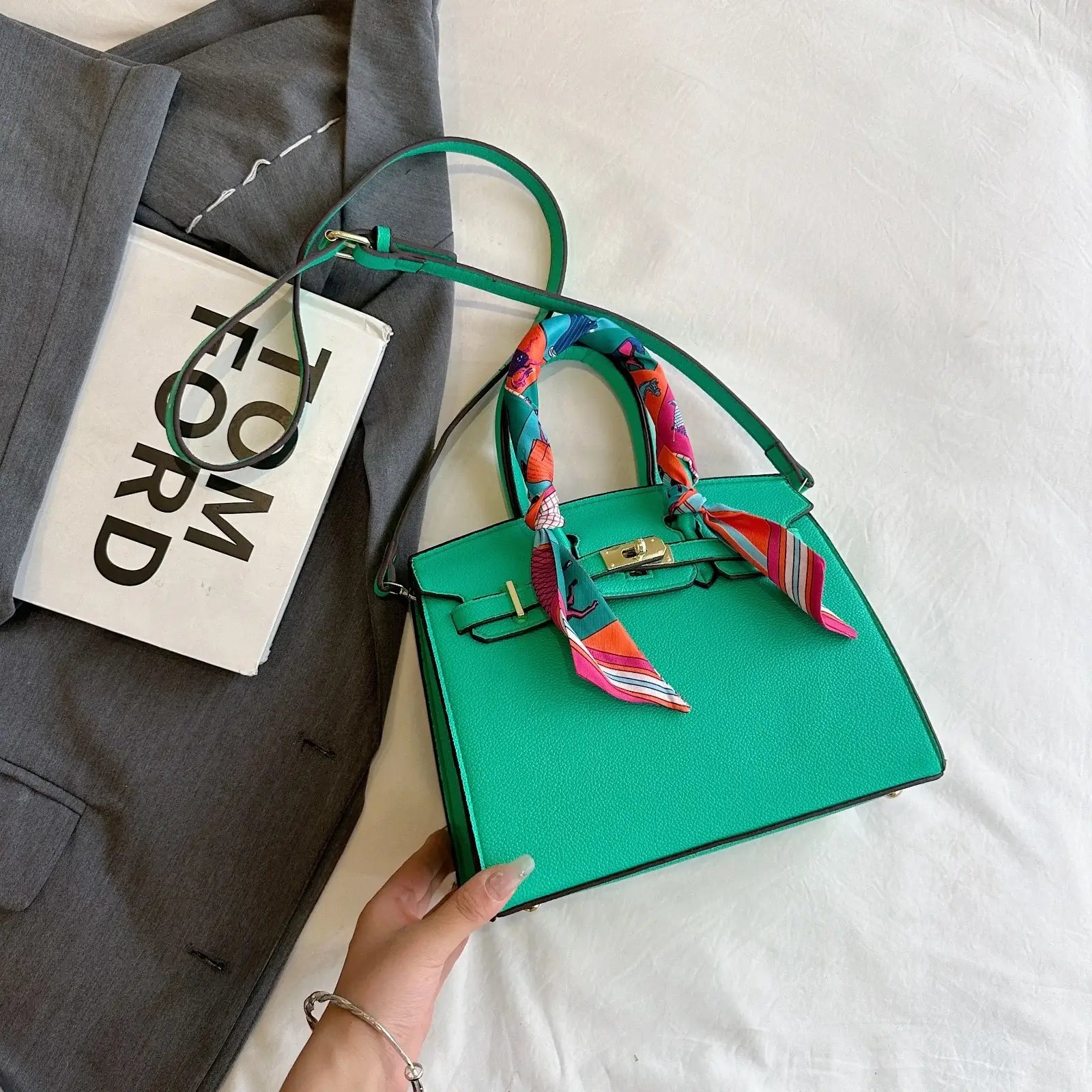 Women's Top Handle Bag Inspired By Hermes Birkin:  Structured Satchel with Scarf