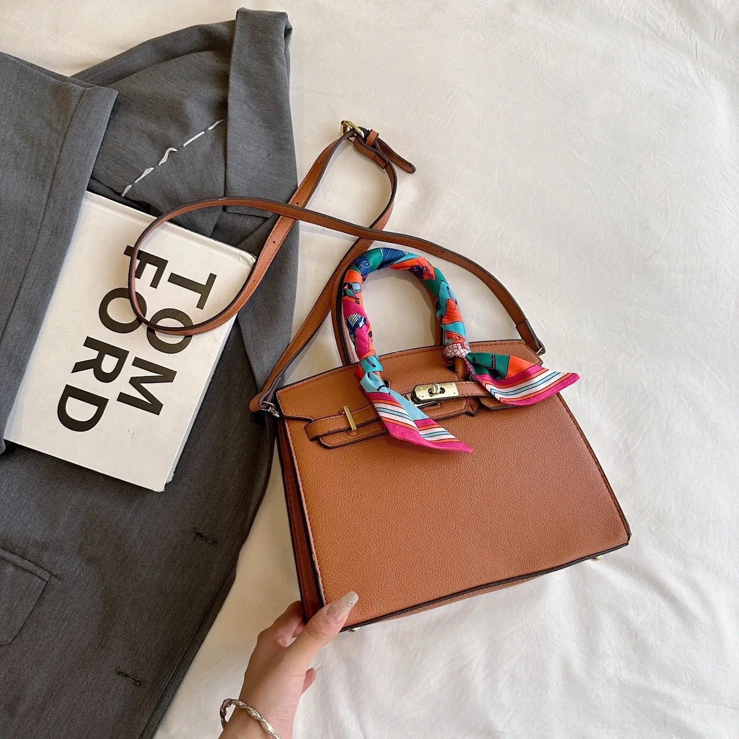 Women's Top Handle Bag Inspired By Hermes Birkin:  Structured Satchel with Scarf
