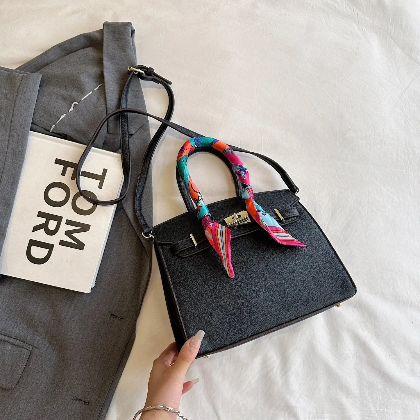 Women's Top Handle Bag Inspired By Hermes Birkin:  Structured Satchel with Scarf