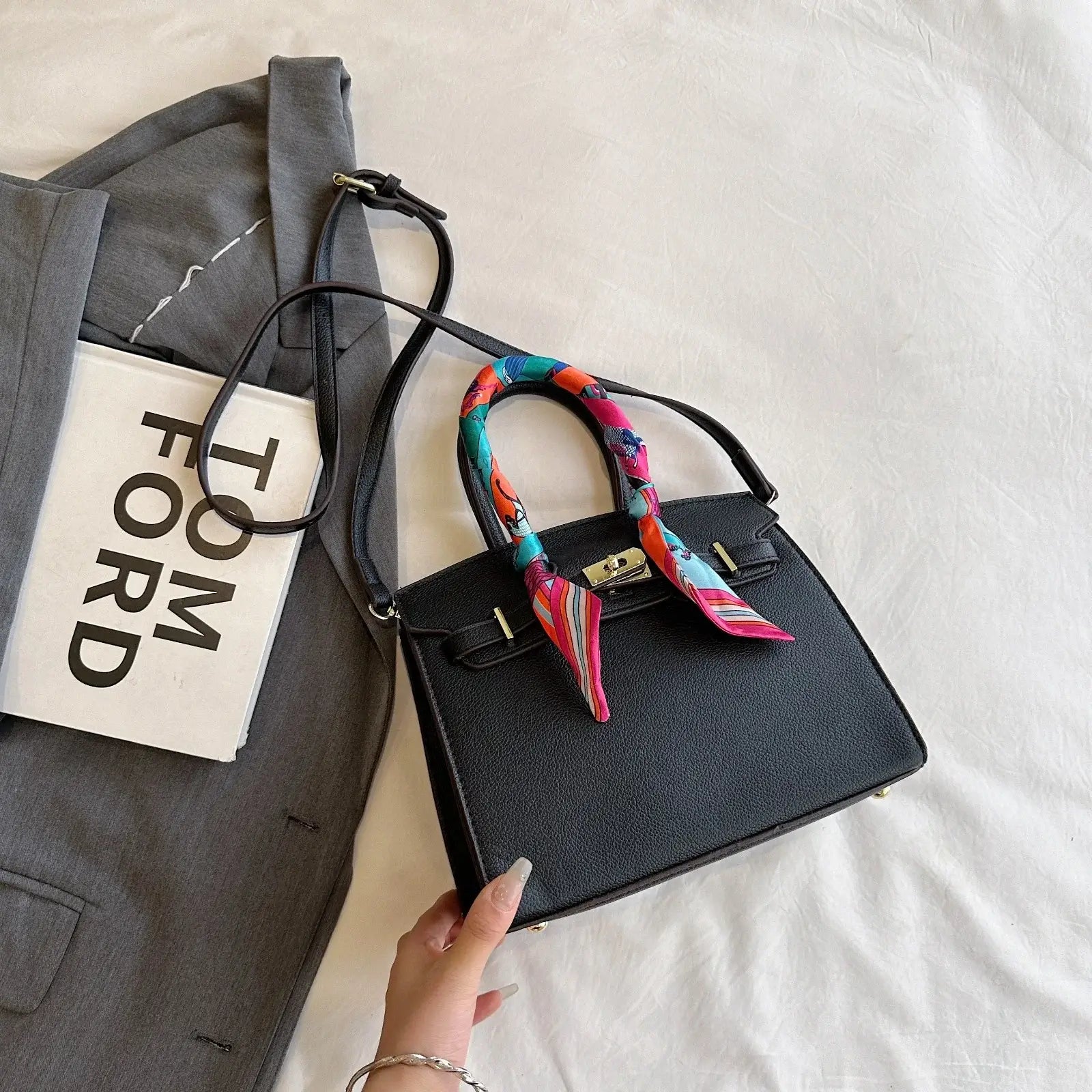 Women's Top Handle Bag Inspired By Hermes Birkin:  Structured Satchel with Scarf