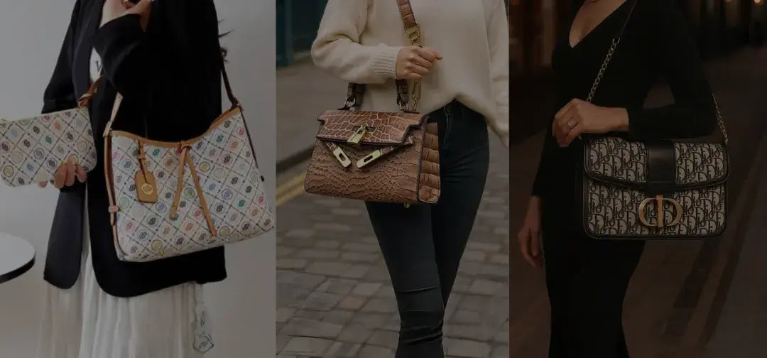 Three different handbags being held by people in various settings.