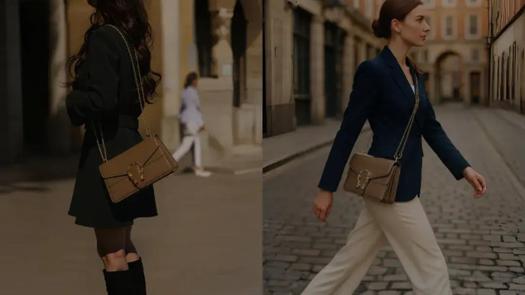 Side-by-side comparison of a woman walking on a cobblestone street with a brown handbag.