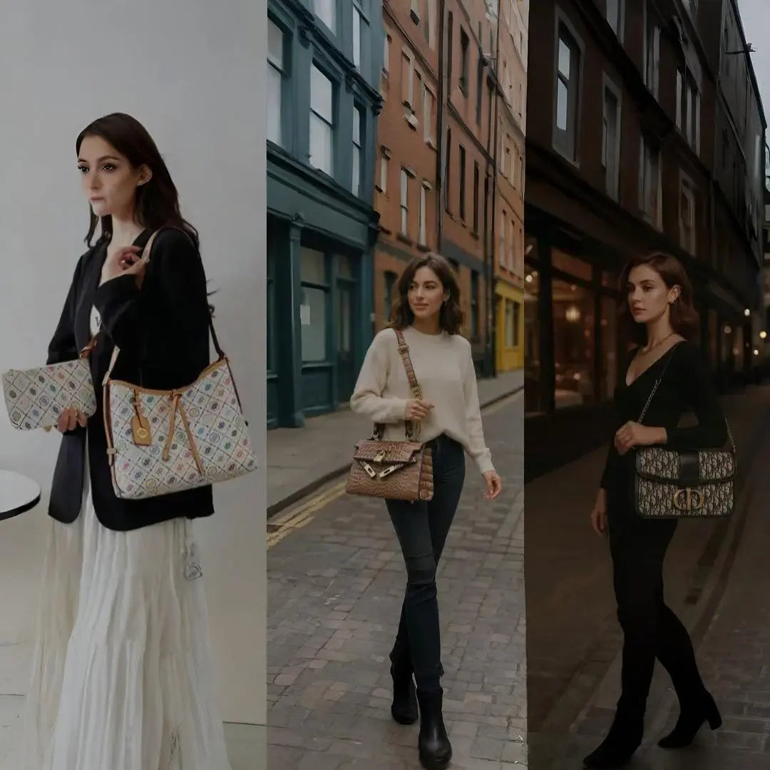 Woman holding a patterned handbag in various settings