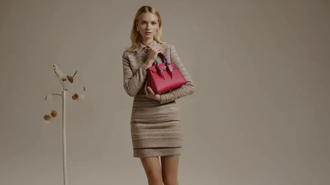 Woman holding a pink handbag against a plain background